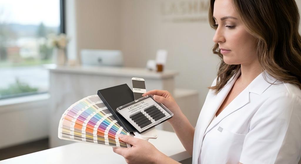 A Corvallis salon owner reviewing a pristine OEM private label sample tray of handmade volume lashes, confirming the minimalist matte-black clinical finish against a Pantone swatch to ensure flawless B2B brand alignment.