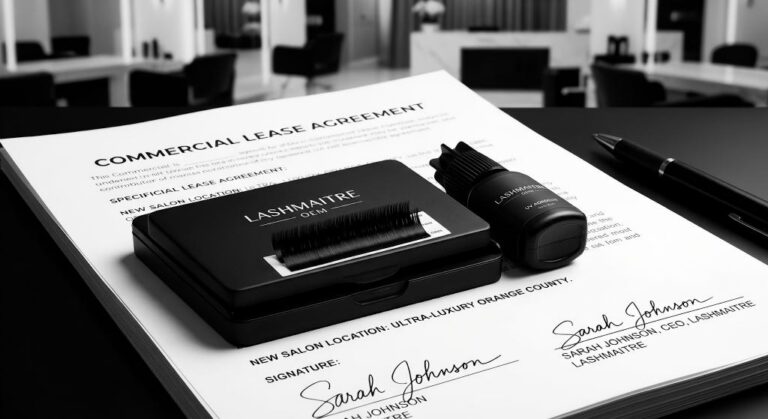 A stark, high-contrast macro photograph of a sleek, matte-black OEM branded UV lash tray and matching UV adhesive bottle resting on top of a signed commercial lease agreement for a new, ultra-luxury Orange County salon location.