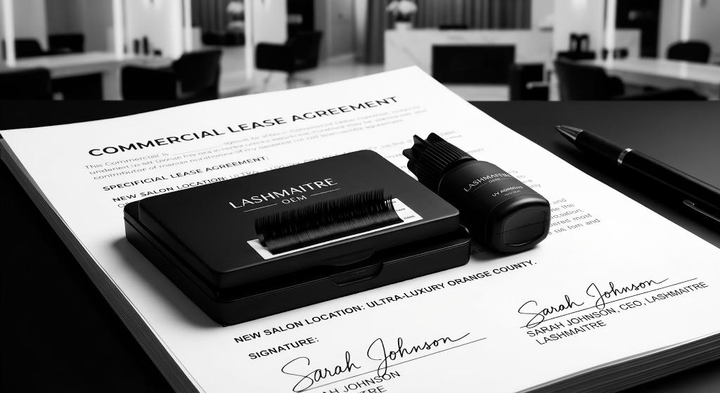 A stark, high-contrast macro photograph of a sleek, matte-black OEM branded UV lash tray and matching UV adhesive bottle resting on top of a signed commercial lease agreement for a new, ultra-luxury Orange County salon location.
