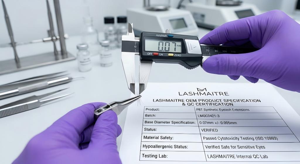 Close-up macro photography in a QC lab: A gloved hand using a digital caliper to measure the base thickness of PBT synthetic fibers, alongside an OEM specifications sheet verifying safe lash supplies for sensitive eyes.