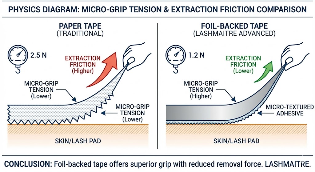 A physics diagram comparing traditional paper tape and LASHMAITRE advanced foil-backed tape. It illustrates that foil-backed tape has higher micro-grip tension but lower extraction friction (1.2 N) compared to paper tape (2.5 N) on a skin/lash pad.