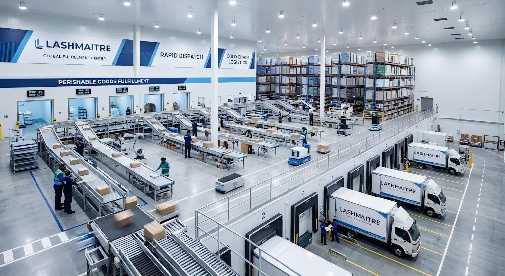 Pristine LASHMAITRE wholesale logistics warehouse featuring automated conveyor systems, Cold Chain Logistics zones, and Rapid Dispatch loading bays demonstrating rapid fulfillment capabilities to bypass massive inventory thermal spoilage and transit delays.