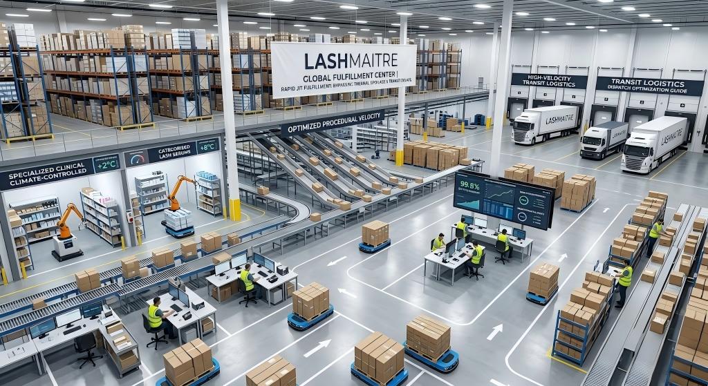 Pristine LASHMAITRE wholesale logistics warehouse featuring automated conveyor systems, Cold Chain Logistics zones, and Rapid Dispatch loading bays demonstrating rapid fulfillment capabilities to bypass massive inventory thermal spoilage and transit delays.