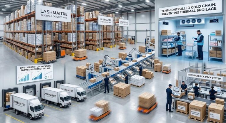 A wide interior photograph of the LASHMAITRE Global Logistics Hub, a pristine wholesale logistics warehouse demonstrating rapid fulfillment capabilities through a temp-controlled cold chain section to bypass massive inventory thermal spoilage, live dispatch optimization screens to avoid transit delays, automated pick-pack systems, and a line of LASHMAITRE delivery trucks.