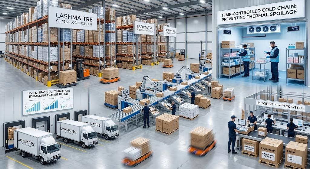 A wide interior photograph of the LASHMAITRE Global Logistics Hub, a pristine wholesale logistics warehouse demonstrating rapid fulfillment capabilities through a temp-controlled cold chain section to bypass massive inventory thermal spoilage, live dispatch optimization screens to avoid transit delays, automated pick-pack systems, and a line of LASHMAITRE delivery trucks.
