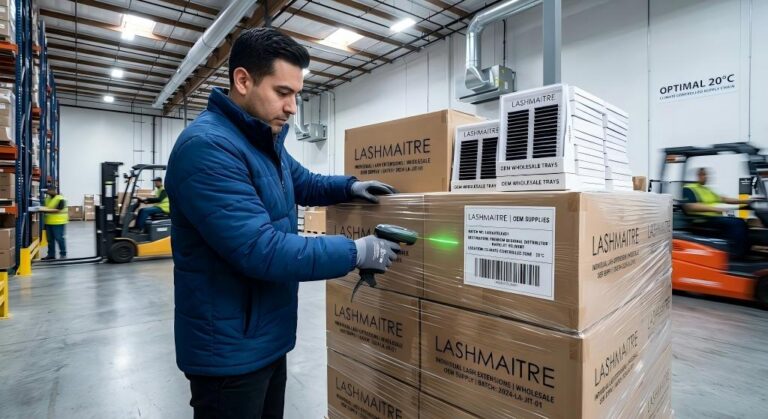 A highly dynamic logistics shot inside a climate-controlled Los Angeles fulfillment center: A smart barcode scanner verifying a pallet of custom-branded OEM individual lash extensions wholesale trays, guaranteeing rapid JIT delivery for a premium regional distributor.