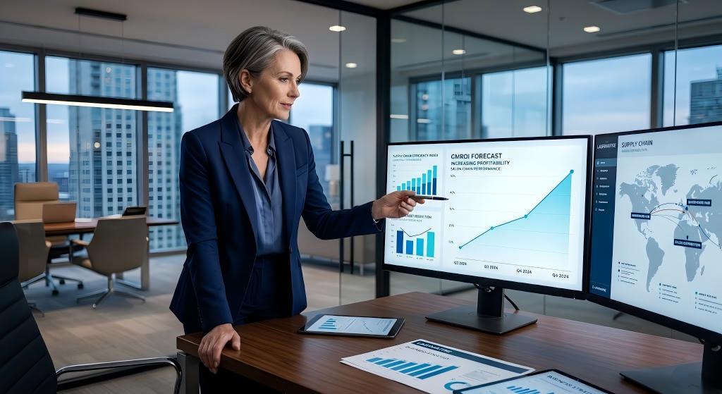 High-net-worth salon owner analyzing ascending GMROI forecast charts driven by superior B2B supply chain logistics.