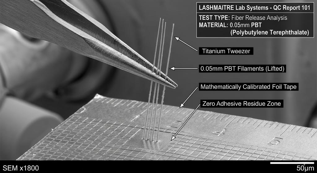 A high-magnification electron microscope view inside a QC testing facility: A precision titanium tweezer effortlessly lifting 0.05mm PBT filaments from a mathematically calibrated foil-backed tape strip, demonstrating zero base splitting and zero adhesive residue.