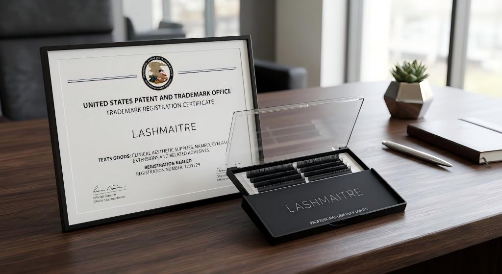 A regional salon owner's polished executive desk featuring a finalized United States Patent and Trademark Office (USPTO) registration certificate resting seamlessly beside a matte-black, custom-branded OEM bulk lash tray, visually linking legal brand protection with clinical aesthetic supplies.