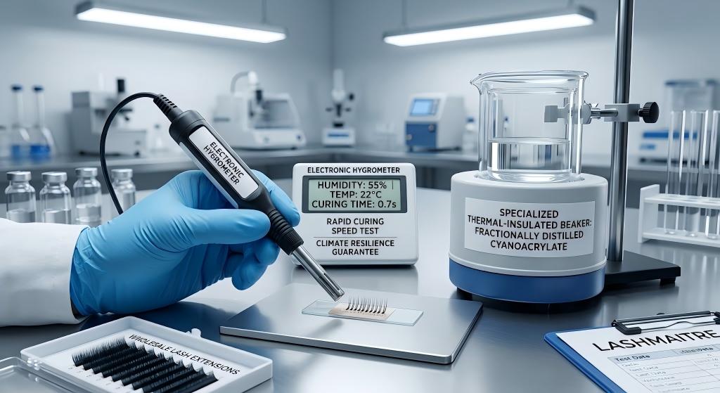 Close-up macro photography inside a strict QC laboratory: An electronic hygrometer testing the rapid curing speeds of individual lash extensions wholesale next to a specialized, thermal-insulated beaker of fractionally distilled cyanoacrylate, guaranteeing climate resilience.