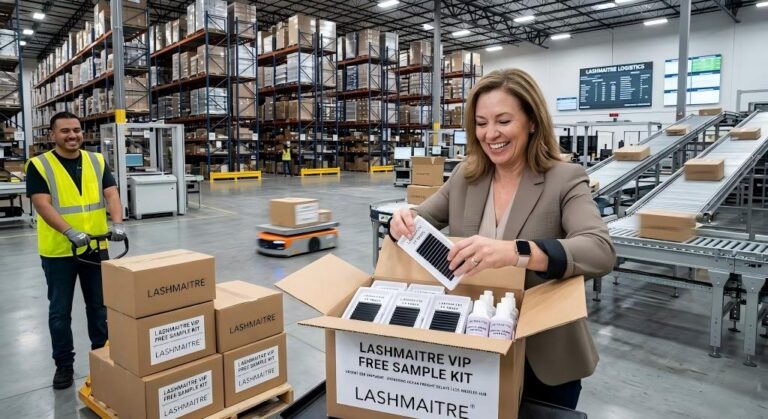 A highly dynamic logistics shot inside a climate-controlled Los Angeles fulfillment center: A regional procurement director excitedly unboxing a LASHMAITRE VIP Free Sample Kit containing pristine custom-branded YY trays and medical-grade adhesive, bypassing ocean freight delays.