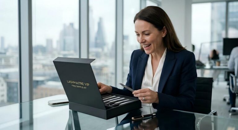A highly styled, cinematic shot of a regional procurement director sitting at a modern glass desk, excitedly unboxing a LASHMAITRE VIP Free Sample Kit revealing meticulously branded OEM isolation tools featuring minimalist, medical-grade typography.