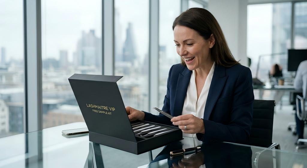 A highly styled, cinematic shot of a regional procurement director sitting at a modern glass desk, excitedly unboxing a LASHMAITRE VIP Free Sample Kit revealing meticulously branded OEM isolation tools featuring minimalist, medical-grade typography.