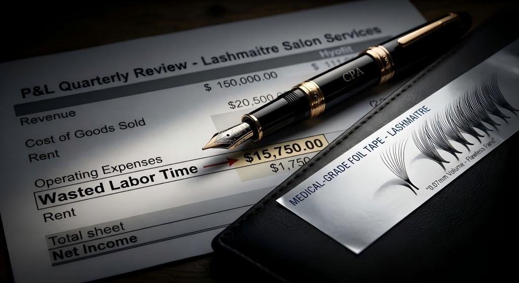 A highly dramatic, low-key lighting photograph of a certified public accountant's luxury pen resting on a bleak P&L spreadsheet, pointing directly to a massive line item for "Wasted Labor Time," positioned next to a flawlessly fanned cluster of 0.07mm lashes lifting effortlessly from medical-grade foil tape.