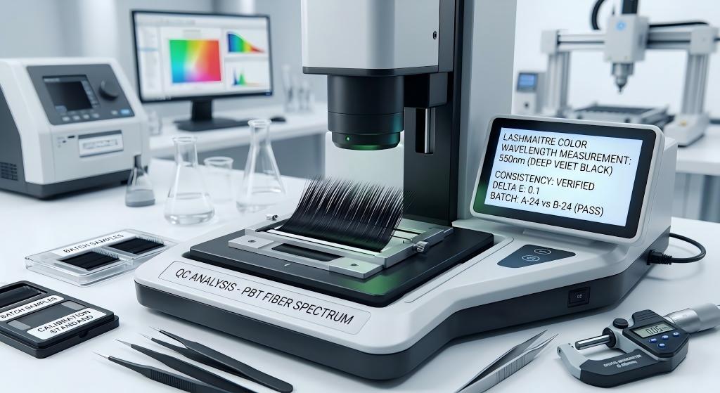 A high-magnification macro shot inside an advanced QC supply chain testing facility: A spectrophotometer measuring the precise color wavelength of 0.05mm dyed PBT fibers designed for volume lash extensions wholesale, ensuring perfect aesthetic consistency across multiple manufacturing batches.