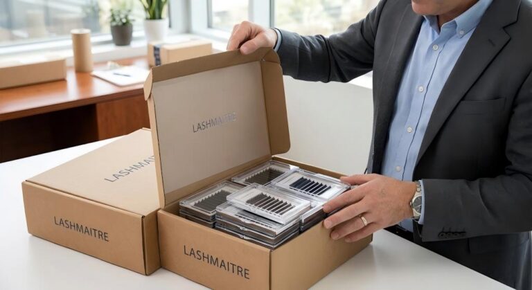 A procurement director's hands unboxing a premium, custom-branded wholesale shipping box revealing mathematically perfect foil-backed bulk lash trays tailored for high-margin salon services.