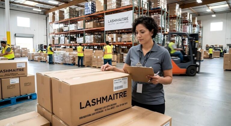 A Los Angeles fulfillment center operations manager reviewing a clipboard next to a freshly sealed, custom-branded master carton of OEM individual lash extensions wholesale supplies, ready for rapid domestic dispatch.