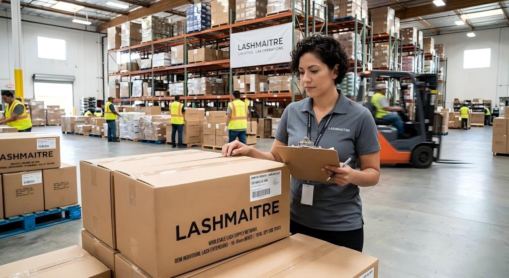 A Los Angeles fulfillment center operations manager reviewing a clipboard next to a freshly sealed, custom-branded master carton of OEM individual lash extensions wholesale supplies, ready for rapid domestic dispatch.