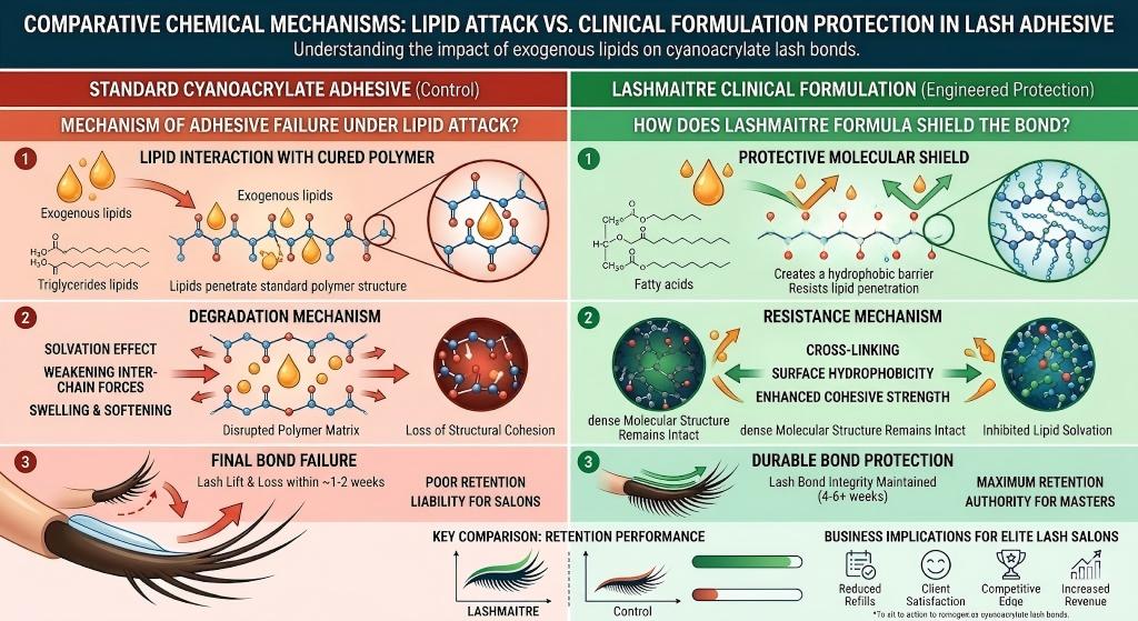 [⚠️ Alt Tag:] Chemical diagram demonstrating how exogenous lipids destroy adhesives and why a clinical formulation is required to protect the lash bond. A detailed side-by-side infographic comparing standard cyanoacrylate failure via lipid solvation against LASHMAITRE's clinical formulation, which utilizes cross-linking to create a hydrophobic molecular shield for maximum 4-6+ week retention.