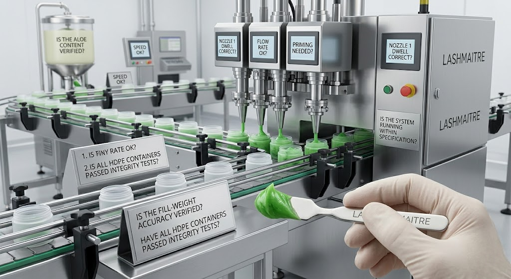 Automated B2B factory filling line dispensing precise amounts of green, aloe-scented eyelash extension removal cream into chemically resistant HDPE cosmetic jars.