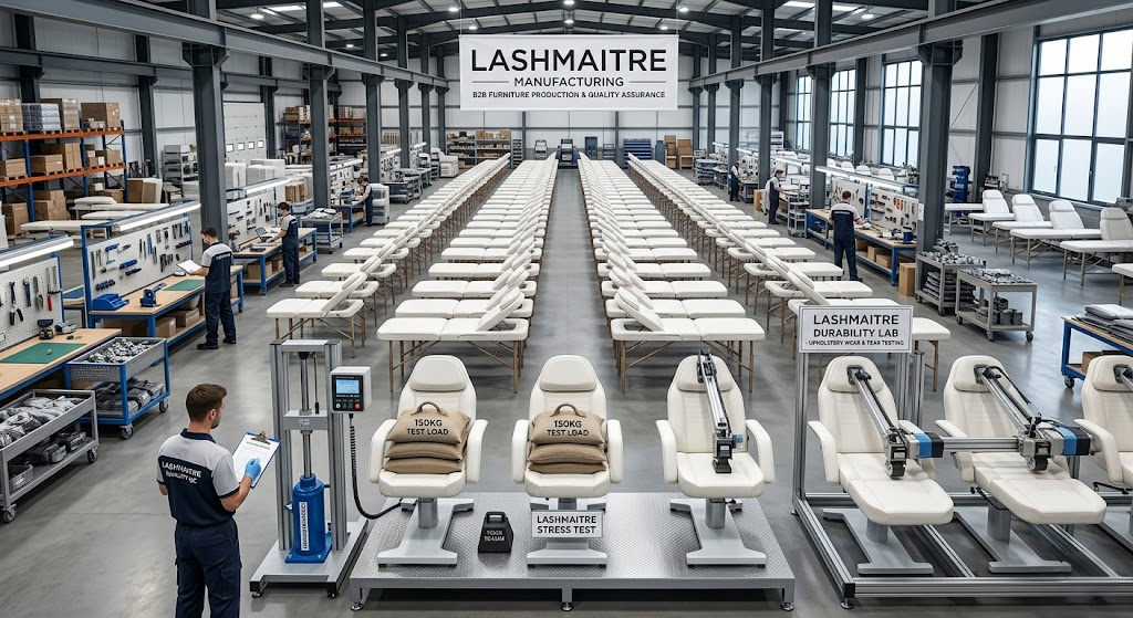 "High-resolution wide shot of a B2B eyelash extension furniture manufacturing facility. Rows of newly assembled ergonomic white chairs (lash tables) are undergoing weight capacity and upholstery durability testing in the foreground. A quality control technician from LASHMAITRE MANUFACTURING records data. A large LASHMAITRE MANUFACTURING banner hangs above the organized factory floor."