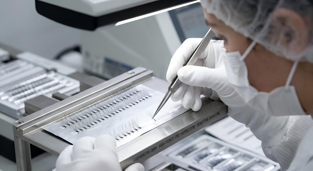 A factory technician performing a macro-inspection of high-purity individual PBT volume lashes on a foil-backed strip, ensuring the hypoallergenic standards required for specialized services like eyelash extensions during pregnancy.