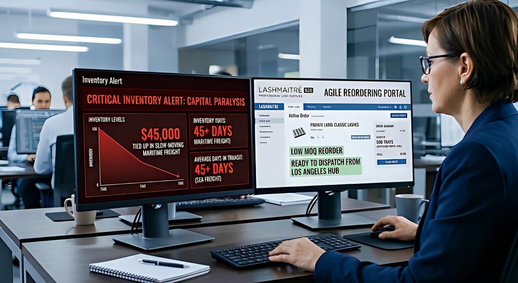 A dual-monitor workstation contrasting slow maritime logistics with agile cash flow. The left screen shows 'CRITICAL INVENTORY ALERT: $45,000' for slow maritime freight. The right screen displays 'LASHMAITRE B2B PORTAL' with 'READY TO DISPATCH FROM LOS ANGELES HUB' for private label lashes.