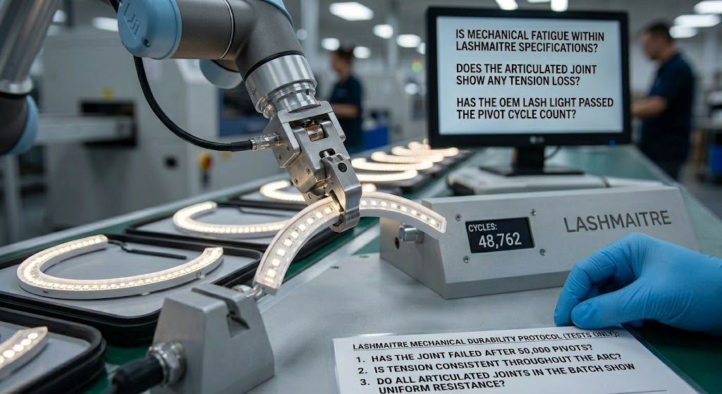 An automated robotic testing arm in a B2B manufacturing laboratory continuously pivoting the articulated joint of custom OEM eyelash extension lights to evaluate mechanical fatigue and tension loss.