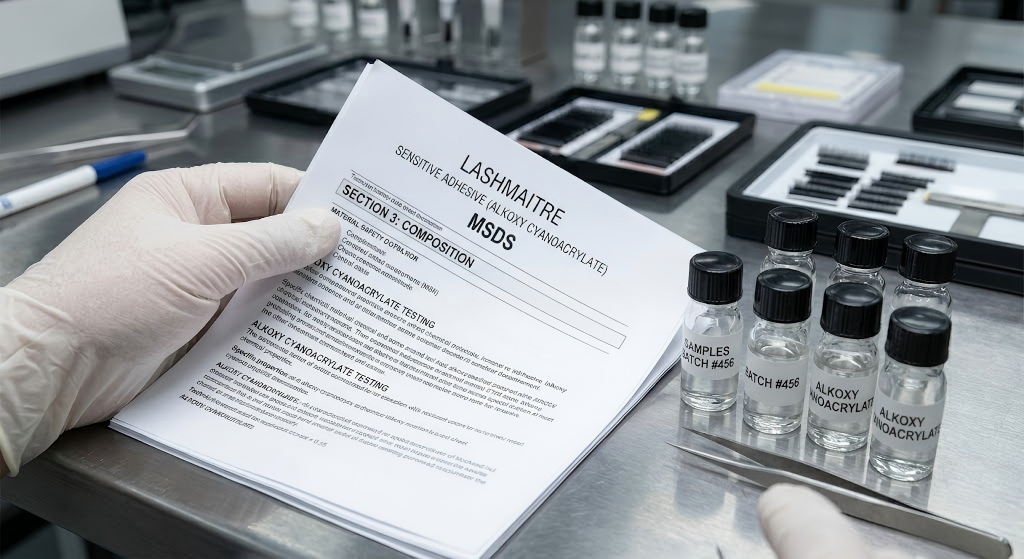 "A macro shot of a gloved factory QA technician in a cleanroom, carefully reviewing the specific chemical composition and safety data (MSDS) of alkoxy cyanoacrylate-based sensitive eyelash adhesive against batch samples. This rigorous ingredient verification is essential to ensuring safety protocols, particularly relevant when discussing complex safety questions like the use of eyelash extensions and pregnancy."