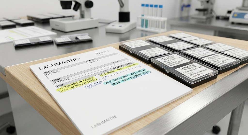 Macro photography of a B2B factory commercial invoice detailing wholesale costs for 0.05mm volume lashes, used by salon owners to calculate profitable eyelash extension refill prices.