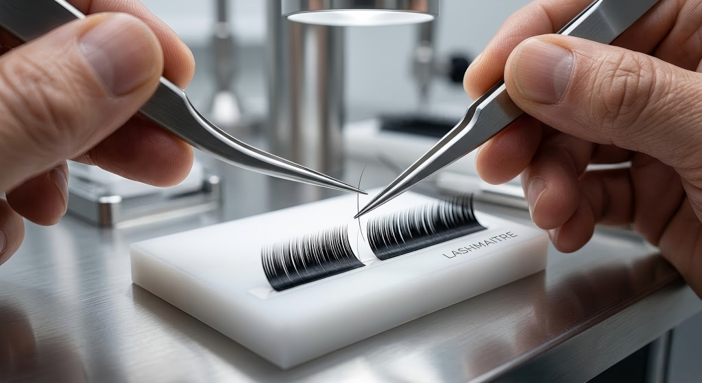 Elite B2B quality control testing of individual 0.03mm mega-volume fibers, ensuring deep matte black perfection for professional lash artists providing luxury eyelash extensions Bel Air.