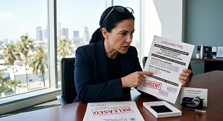 A regional procurement director aggressively reviewing an expedited LASHMAITRE supply chain manifest that bypasses maritime freight, securing a steady flow of pristine optical hardware and double-heated volume trays from a climate-controlled Los Angeles hub.