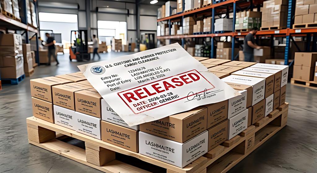 A stark, hyper-detailed macro photograph of an official US Customs and Border Protection (CBP) clearance document stamped "RELEASED", resting atop a pristine pallet of custom wholesale lash boxes featuring minimalist OEM branding, stationed in the LASHMAITRE LA Hub.