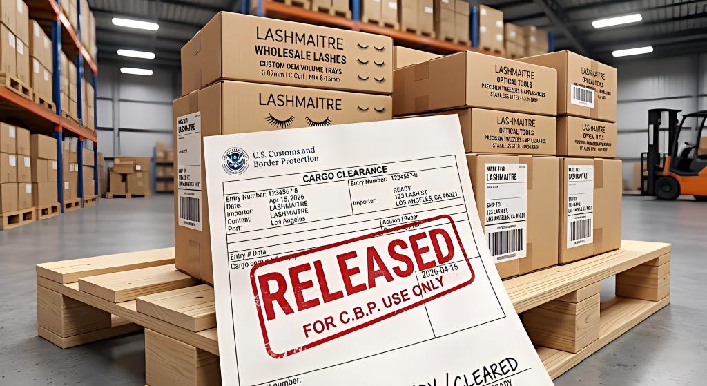 A stark, hyper-detailed macro photograph of an official US Customs and Border Protection (CBP) clearance document stamped "RELEASED", resting atop a pristine pallet of custom wholesale lash boxes and OEM branded optical hardware inside the LASHMAITRE LA fulfillment center.