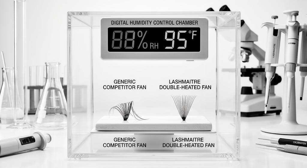 A high-contrast, clinical photograph captured inside a transparent humidity control chamber displaying readings of 88% RH and 95°F. On the left, a competitor's generic volume lash fan is collapsing, drooping, and asymmetric. Right next to it, a LASHMAITRE double-heated volume fan remains perfectly upright, rigid, and symmetrically pristine, showing no effects of the environmental stress. The background is a scientific QA lab setting.