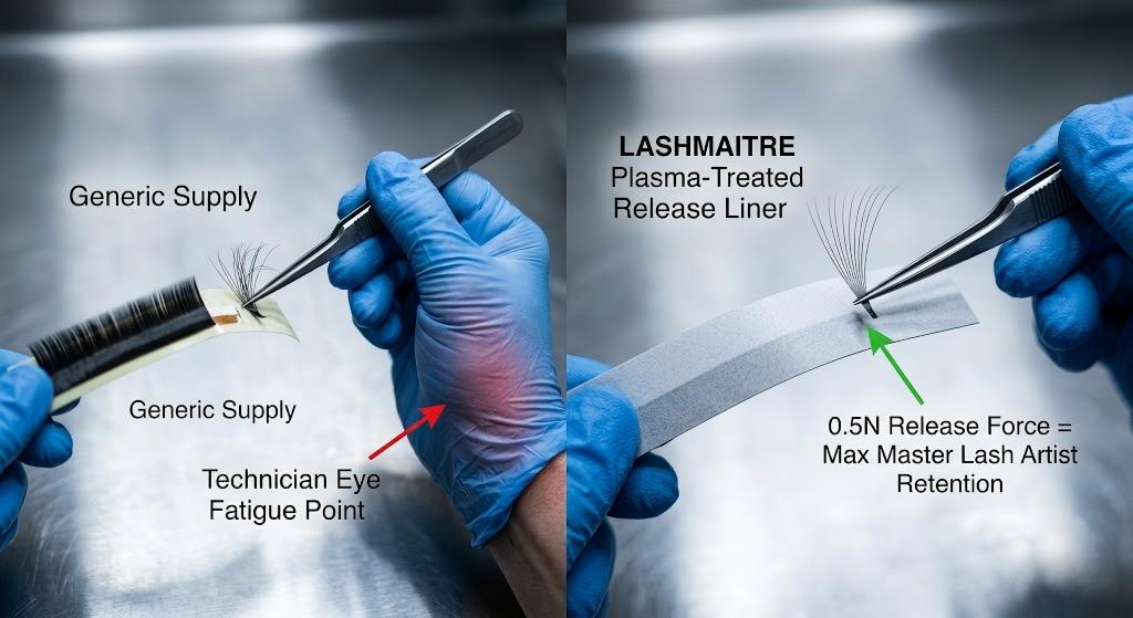 A clinical macro-lens photograph comparing user experiences found in eyelash extensions reviews. The image contrasts a generic supply experience against a LASHMAITRE solution. On the left, in blurred view and labeled 'Generic Supply,' a tensed technician’s hand struggles to remove a substandard volume fan from a sticky strip, illustrating a 'Technician Eye Fatigue Point.' The right side, in sharp focus, shows an effortless lift of a LASHMAITRE volume fan from a 'Plasma-Treated Release Liner,' labeled with a precise '0.5N Release Force = Max Master Lash Artist Retention' measurement. The background is a sterile stainless steel clinical quality control lab bench, emphasizing precision.
