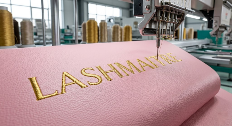 "High-resolution wide shot of a B2B eyelash extension furniture manufacturing facility. Rows of newly assembled ergonomic white chairs (lash tables) are undergoing weight capacity and upholstery durability testing in the foreground. A quality control technician from LASHMAITRE MANUFACTURING records data. A large LASHMAITRE MANUFACTURING banner hangs above the organized factory floor."