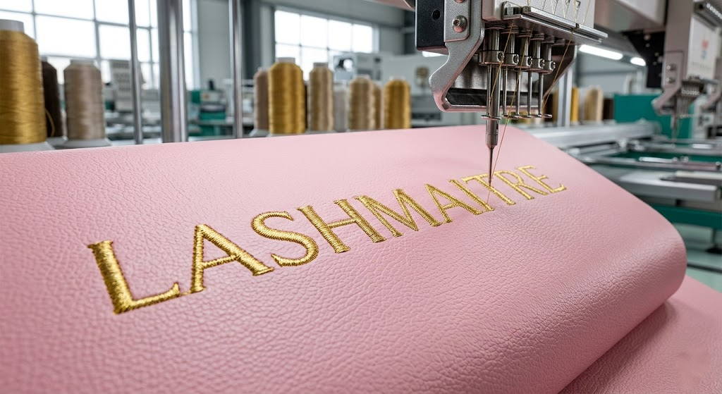 "High-resolution wide shot of a B2B eyelash extension furniture manufacturing facility. Rows of newly assembled ergonomic white chairs (lash tables) are undergoing weight capacity and upholstery durability testing in the foreground. A quality control technician from LASHMAITRE MANUFACTURING records data. A large LASHMAITRE MANUFACTURING banner hangs above the organized factory floor."