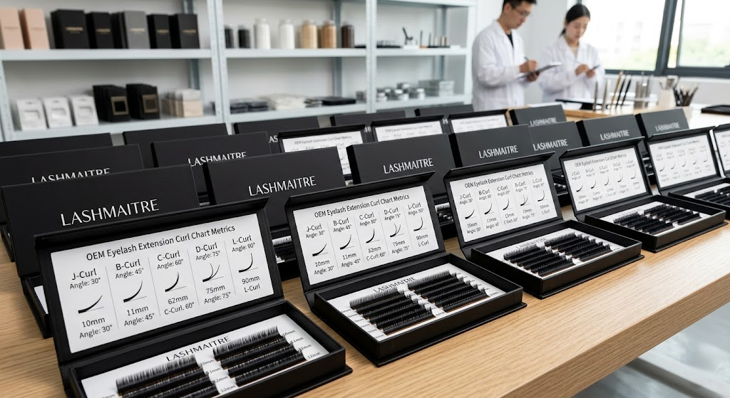 Premium custom private label packaging featuring minimalist branding and an integrated eyelash extension curl chart printed directly on foil-backed tray cards for efficient salon application.