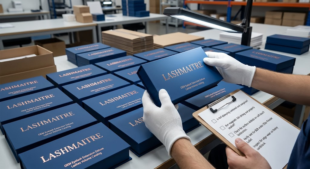 Premium bespoke magnetic packaging with rose-gold foil stamping designed specifically for an elite OEM eyelash extension deluxe lashes volume catalog.