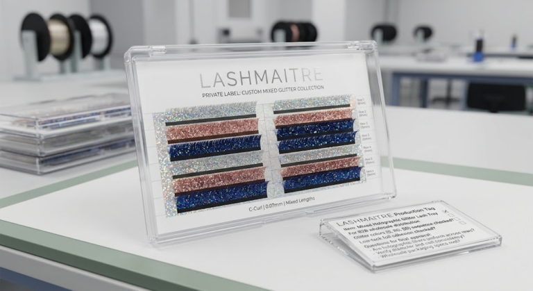 A high-resolution display of a minimalist private label lash tray showcasing alternating rows of holographic silver, rose gold, and deep sapphire blue extension eyelash glitter secured on professional foil-backed tape.