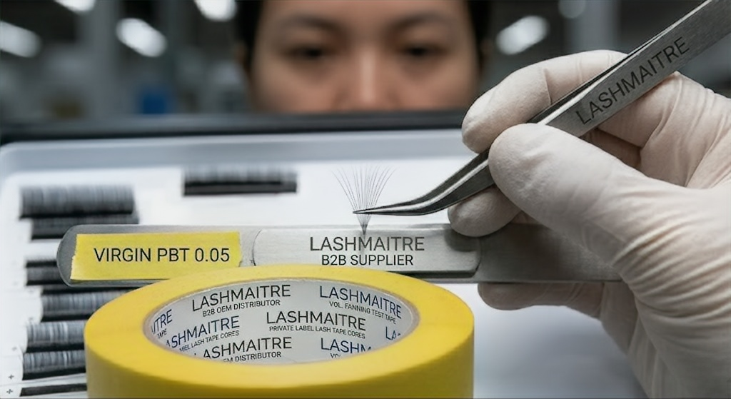 A vibrant collection of pink and blue silicone eyelash extension tape rolls featuring customized inner cardboard cores printed with professional private label branding for B2B wholesale.