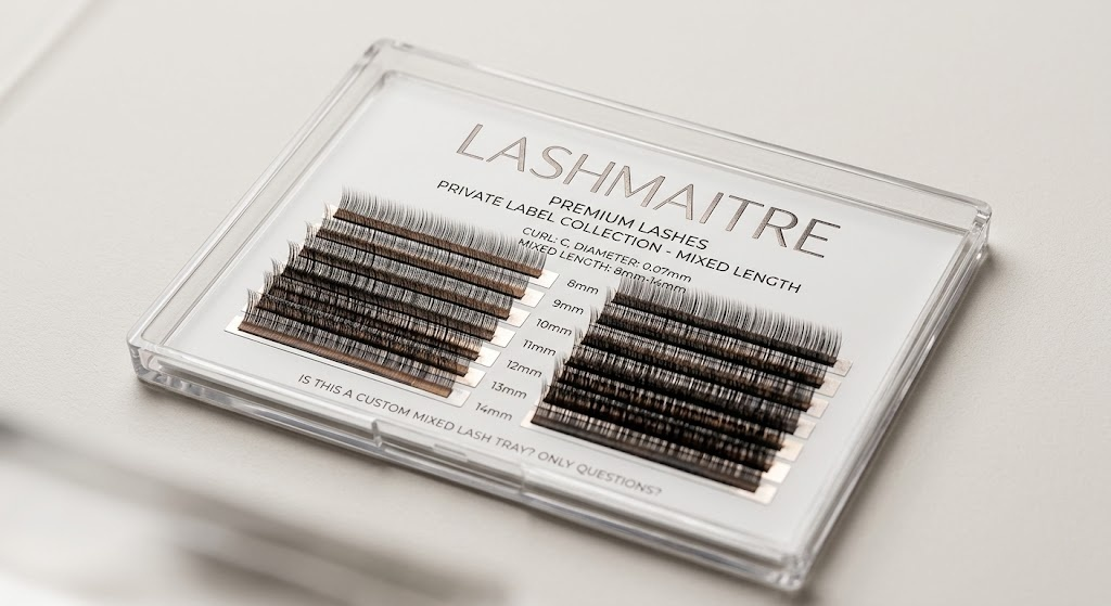 High-resolution view of a custom-branded, minimalist private label mixed lash tray with foil-backed strips, representing the premium wholesale products that define a profitable eyelash extension price list.