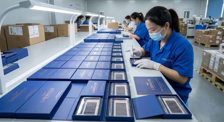 A B2B factory quality control worker meticulously inspecting rows of bespoke magnetic lash boxes with elegant rose-gold foil stamping, designed to house premium products like ellipse flat lashes and holographic extension eyelash glitter collections.