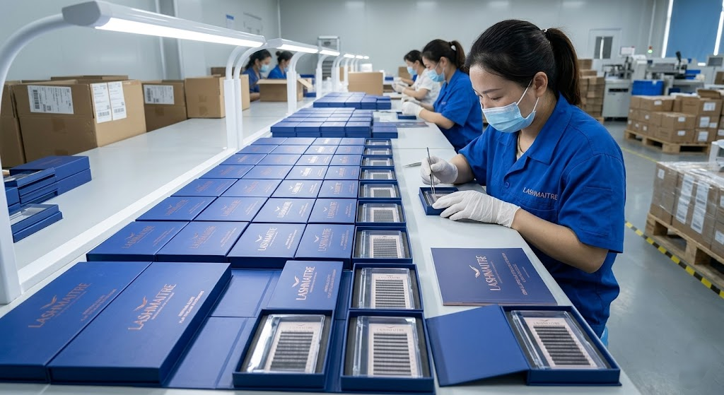 A B2B factory quality control worker meticulously inspecting rows of bespoke magnetic lash boxes with elegant rose-gold foil stamping, designed to house premium products like ellipse flat lashes and holographic extension eyelash glitter collections.