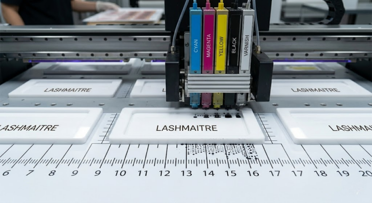 A high-precision flatbed UV printing machine applying custom black mapping lines and a brand logo onto a white acrylic eyelash extension tray holder in an OEM manufacturing facility.