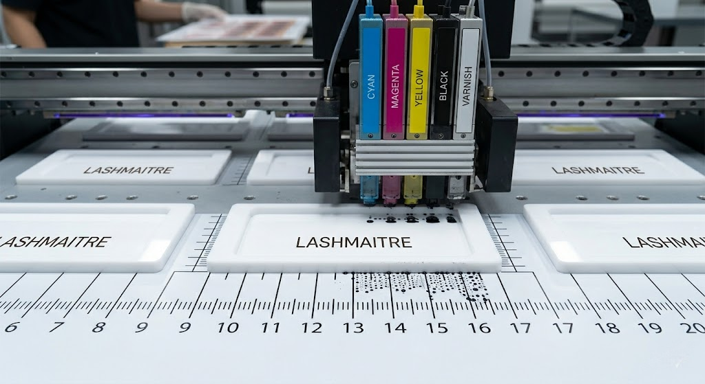 A high-precision flatbed UV printing machine applying custom black mapping lines and a brand logo onto a white acrylic eyelash extension tray holder in an OEM manufacturing facility.