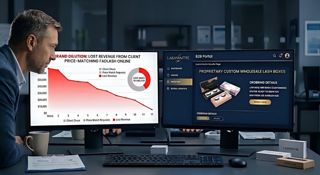 Dual-monitor workstation comparing a red brand dilution graph against the LASHMAITRE B2B portal for reordering proprietary custom wholesale lash boxes.