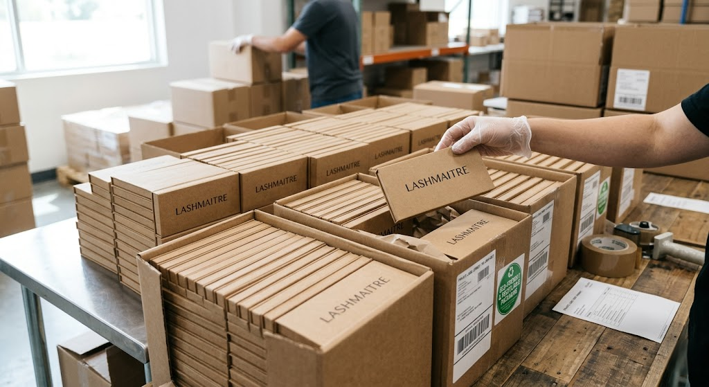 A fulfillment specialist carefully boxing rows of minimalist, eco-friendly recyclable cardboard trays filled with premium individual lashes, preparing a custom private label wholesale order for professional salons providing eyelash extensions auburn.