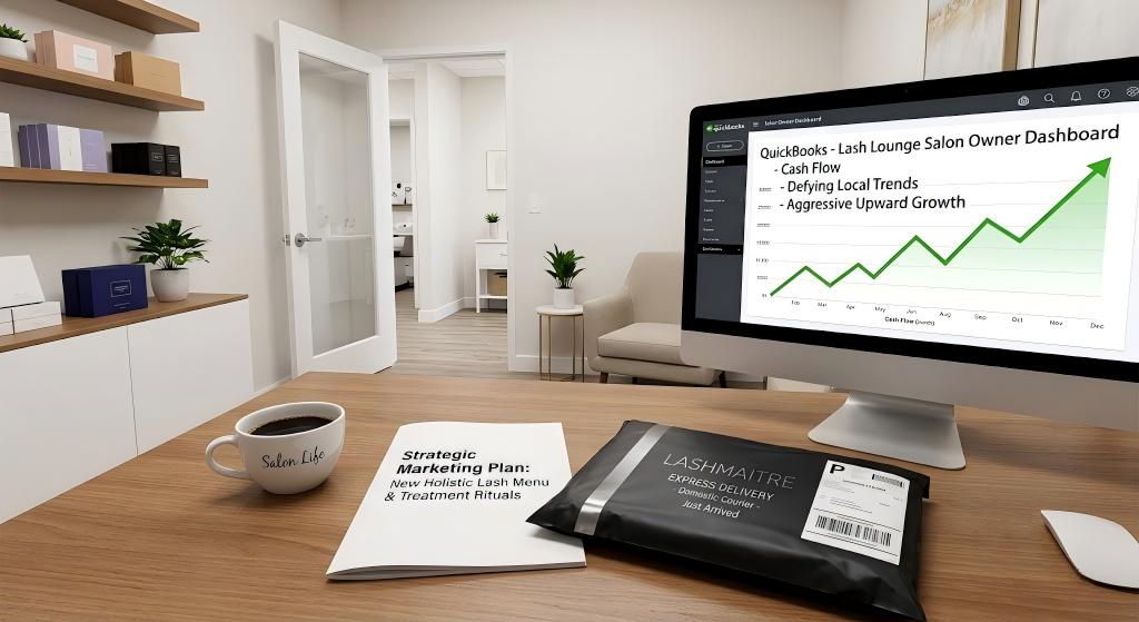 A wide, realistic photograph of a pristine salon back-office desk in Evansville. The scene features a cup of coffee, a strategic marketing plan for a new holistic lash menu, and a single sleek LASHMAITRE express delivery package. The computer monitor clearly shows a healthy, upward-trending cash flow graph on QuickBooks, signifying a thriving business for eyelash extensions evansville that defies local market consolidation and has no excessive bulk inventory.